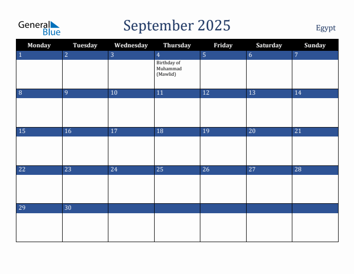 September 2025 Egypt Calendar (Monday Start)