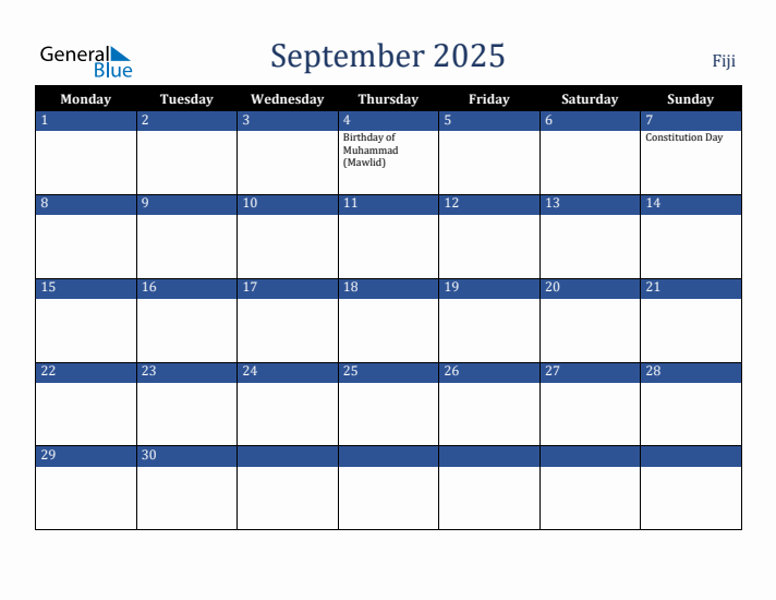 September 2025 Fiji Calendar (Monday Start)