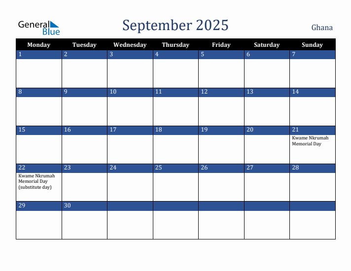 September 2025 Ghana Calendar (Monday Start)