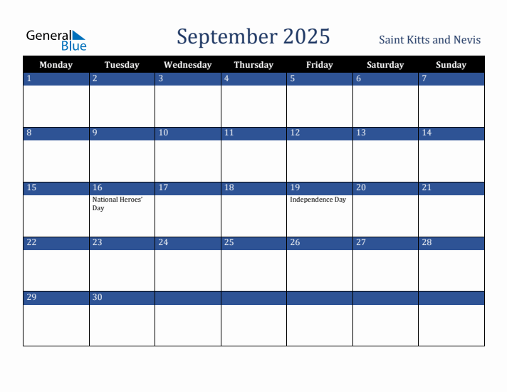 September 2025 Saint Kitts and Nevis Calendar (Monday Start)