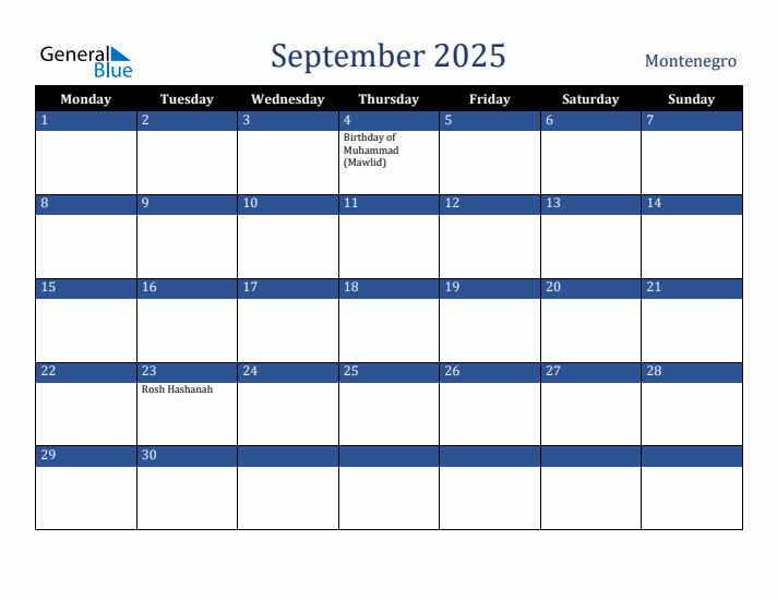 September 2025 Montenegro Calendar (Monday Start)