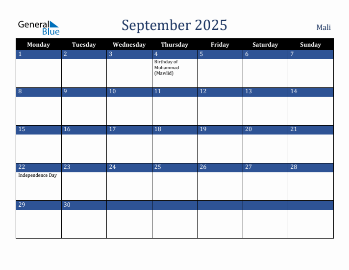 September 2025 Mali Calendar (Monday Start)