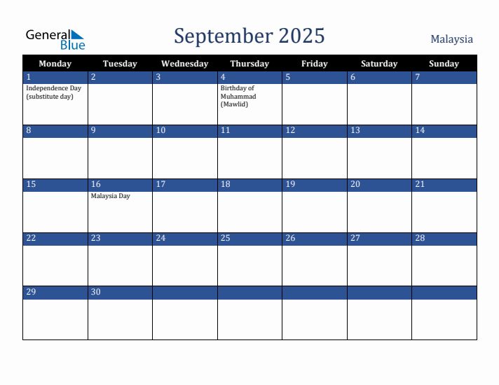 September 2025 Malaysia Calendar (Monday Start)