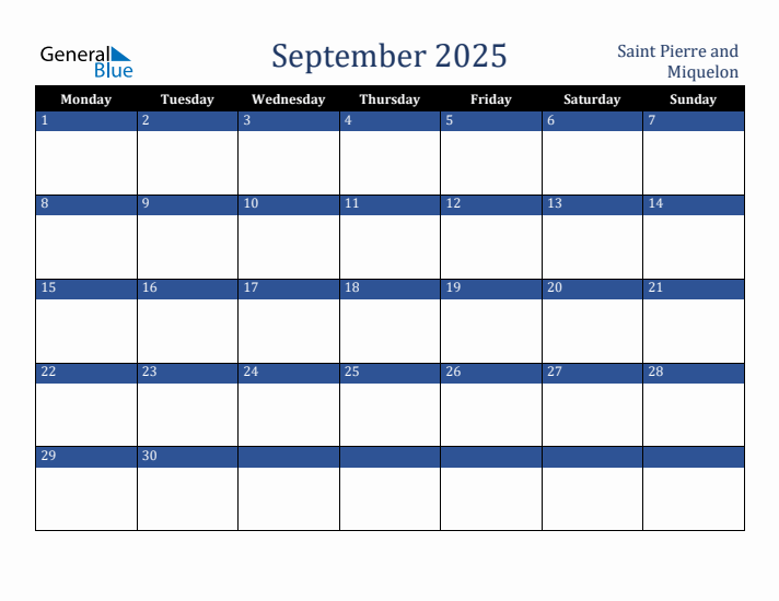 September 2025 Saint Pierre and Miquelon Calendar (Monday Start)