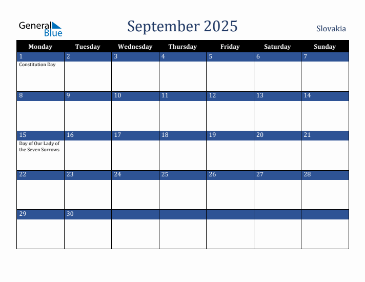 September 2025 Slovakia Calendar (Monday Start)