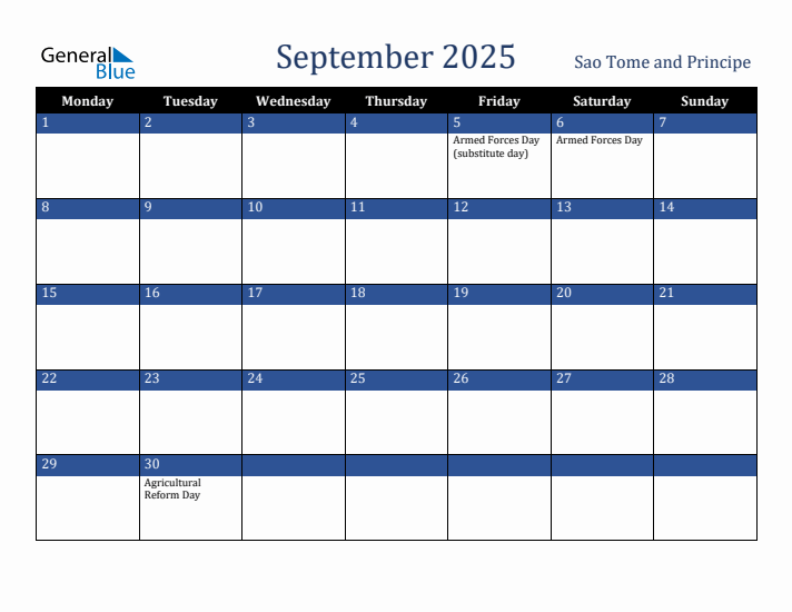 September 2025 Sao Tome and Principe Calendar (Monday Start)