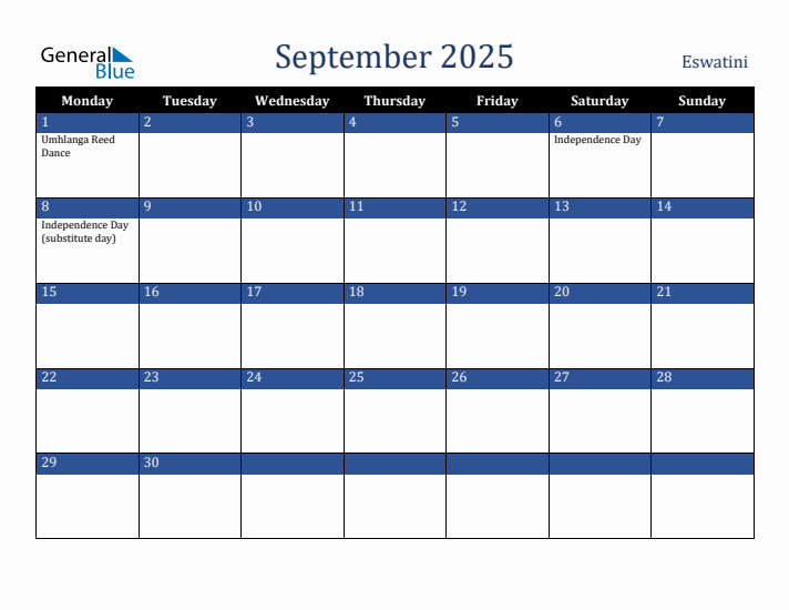 September 2025 Eswatini Calendar (Monday Start)