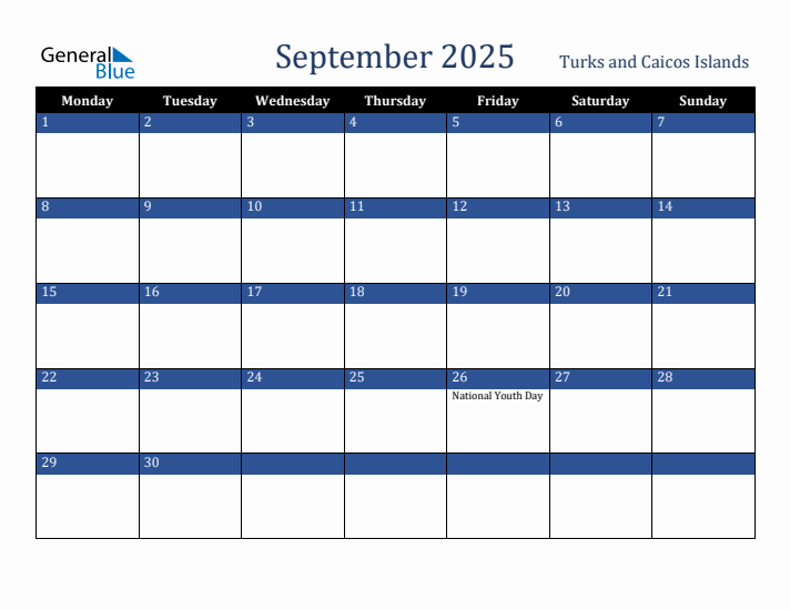 September 2025 Turks and Caicos Islands Calendar (Monday Start)