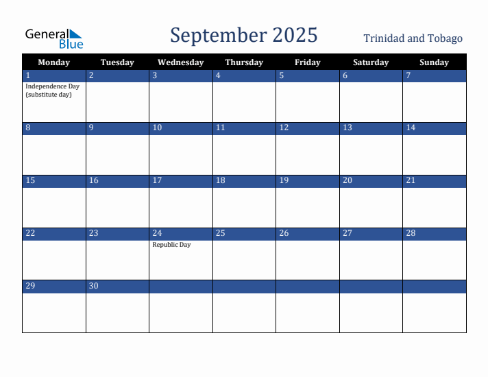 September 2025 Trinidad and Tobago Calendar (Monday Start)
