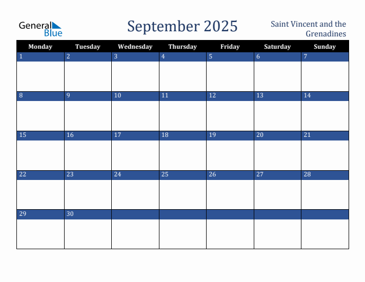 September 2025 Saint Vincent and the Grenadines Calendar (Monday Start)