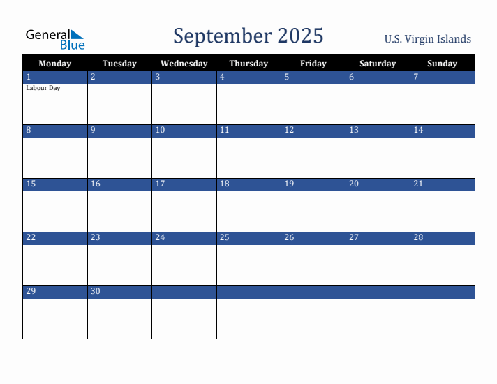 September 2025 U.S. Virgin Islands Calendar (Monday Start)