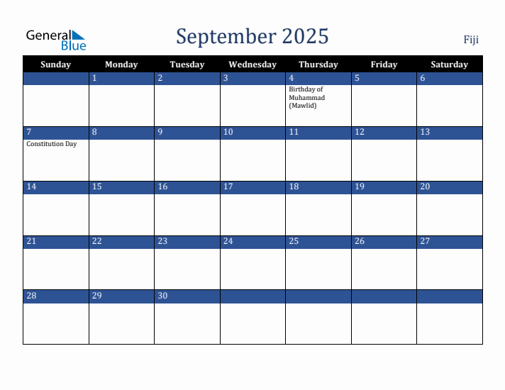 September 2025 Fiji Calendar (Sunday Start)
