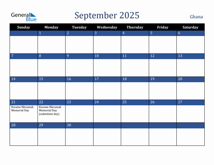 September 2025 Ghana Calendar (Sunday Start)