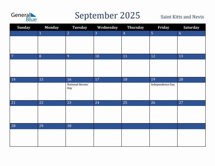 September 2025 Saint Kitts and Nevis Calendar (Sunday Start)