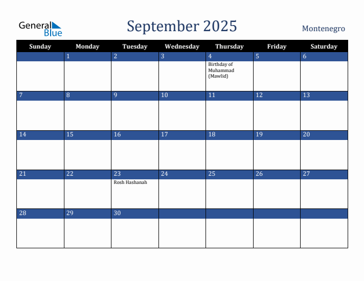 September 2025 Montenegro Calendar (Sunday Start)