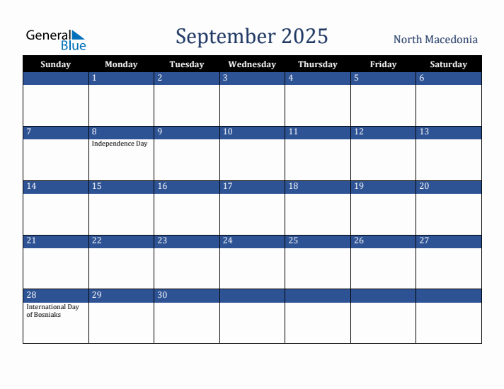 September 2025 North Macedonia Calendar (Sunday Start)