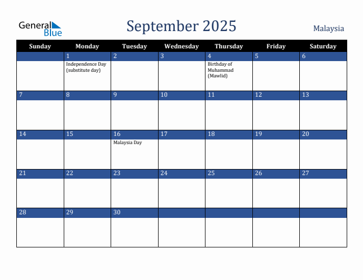 September 2025 Malaysia Calendar (Sunday Start)