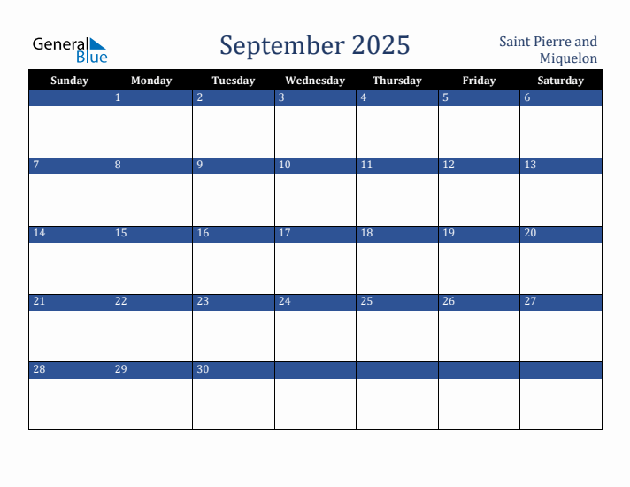 September 2025 Saint Pierre and Miquelon Calendar (Sunday Start)