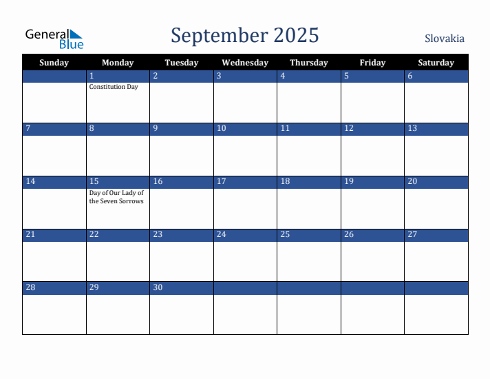 September 2025 Slovakia Calendar (Sunday Start)