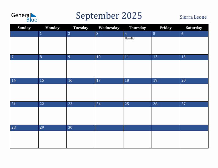 September 2025 Sierra Leone Calendar (Sunday Start)