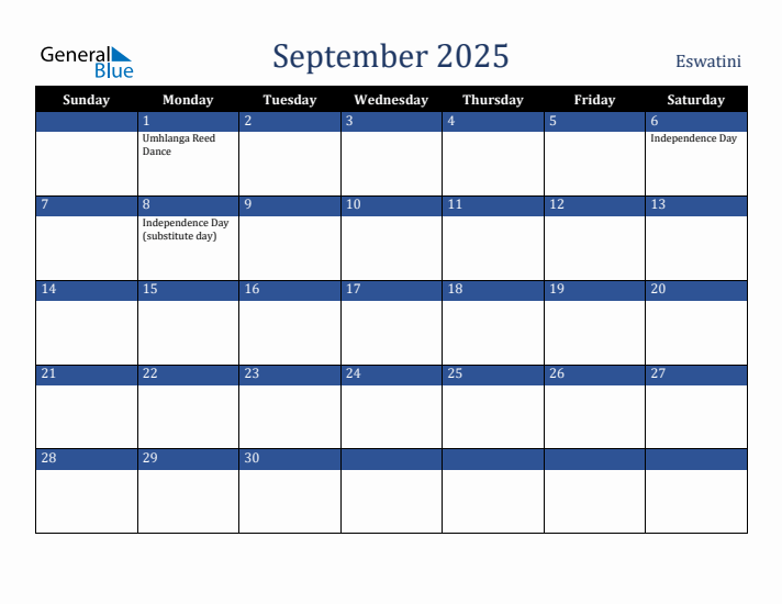 September 2025 Eswatini Calendar (Sunday Start)
