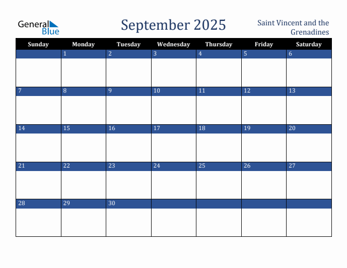 September 2025 Saint Vincent and the Grenadines Calendar (Sunday Start)