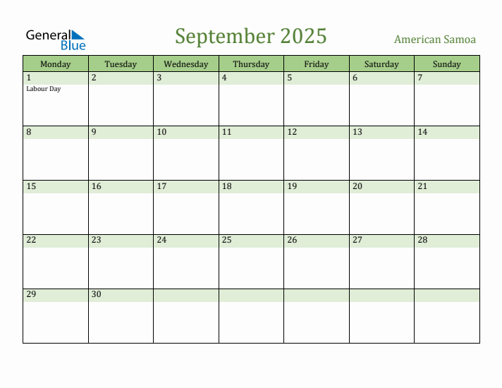September 2025 Calendar with American Samoa Holidays