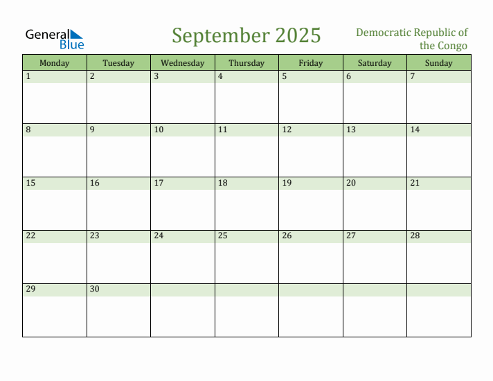 September 2025 Calendar with Democratic Republic of the Congo Holidays