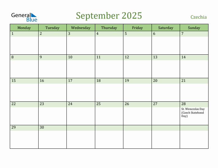 September 2025 Calendar with Czechia Holidays