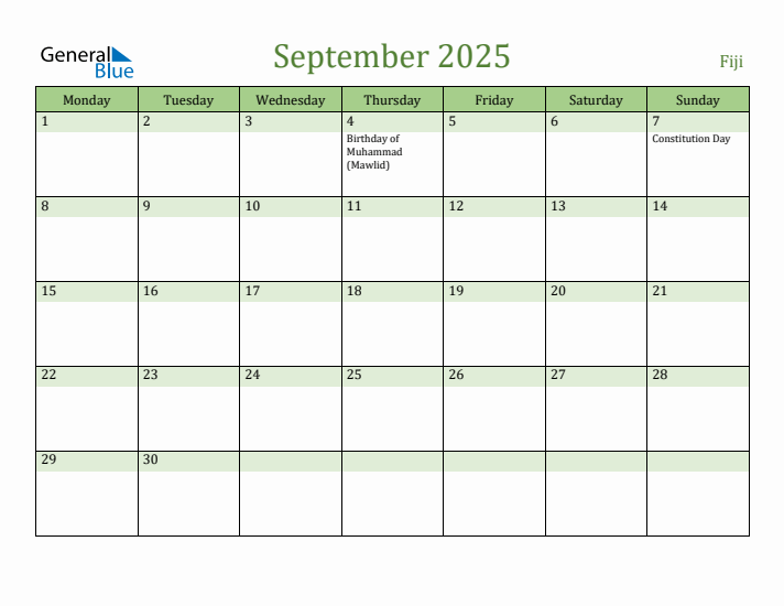 September 2025 Calendar with Fiji Holidays