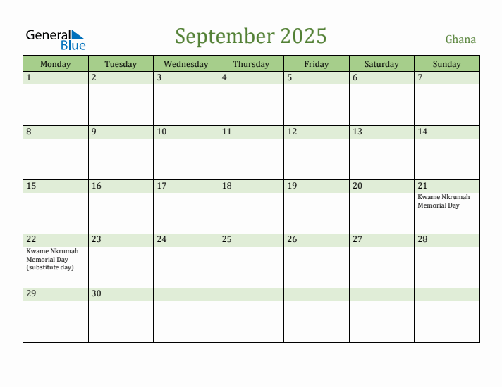 September 2025 Calendar with Ghana Holidays