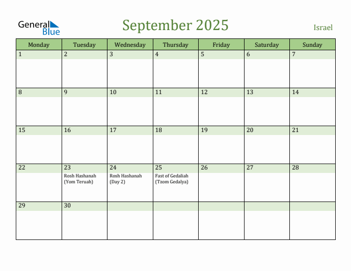 September 2025 Calendar with Israel Holidays
