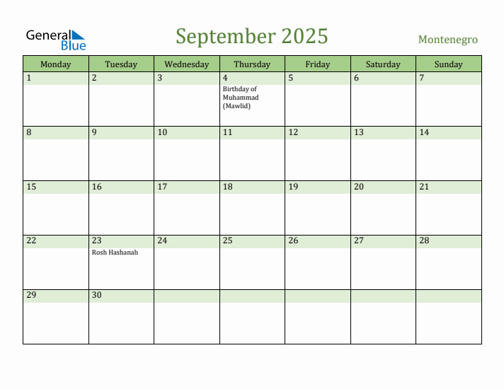 September 2025 Calendar with Montenegro Holidays