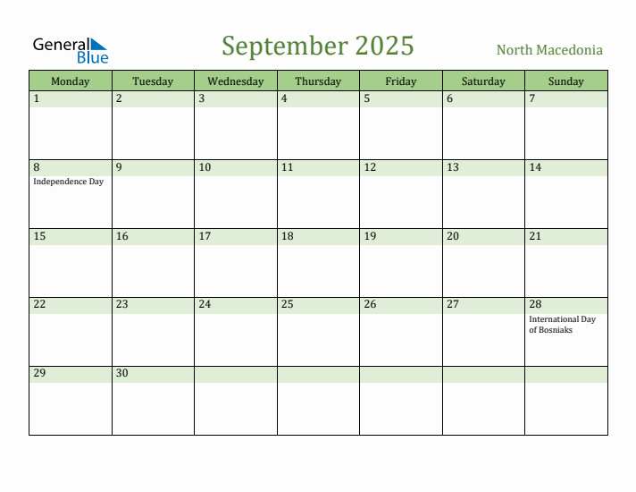 September 2025 Calendar with North Macedonia Holidays