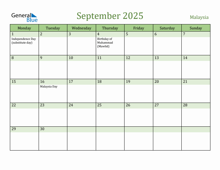 September 2025 Calendar with Malaysia Holidays