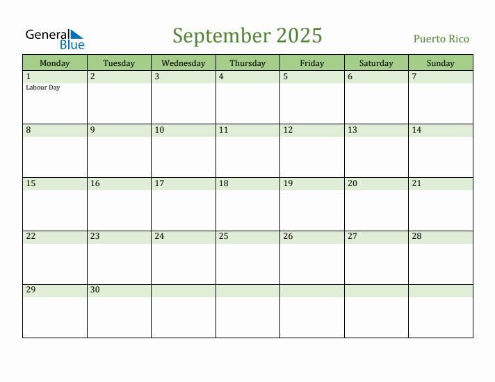September 2025 Calendar with Puerto Rico Holidays