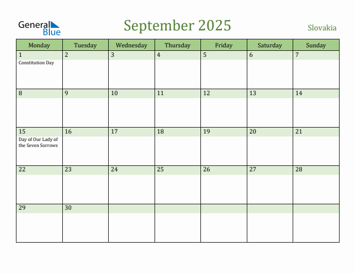 September 2025 Calendar with Slovakia Holidays