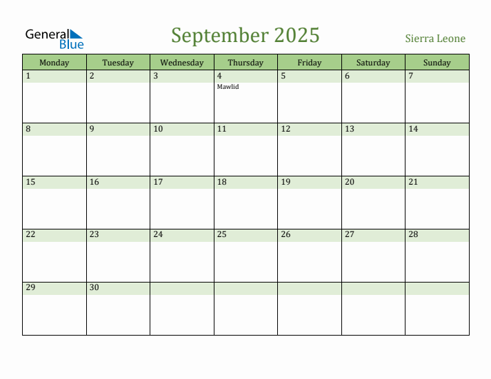 September 2025 Calendar with Sierra Leone Holidays