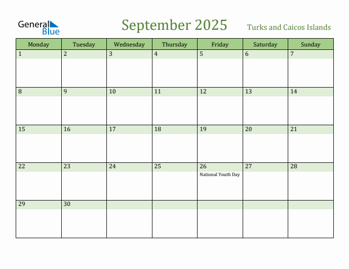 September 2025 Calendar with Turks and Caicos Islands Holidays