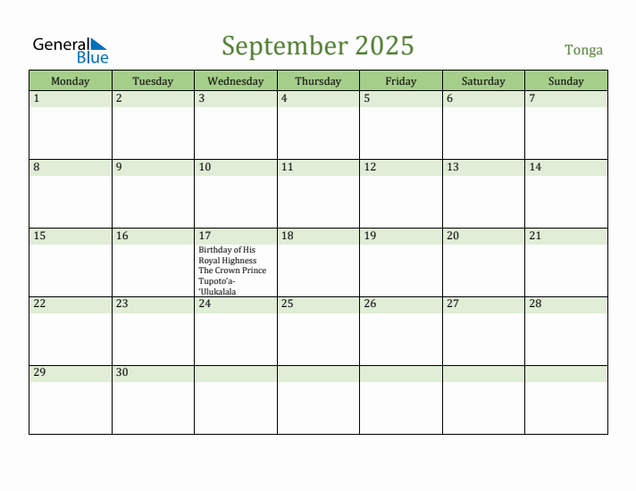 September 2025 Calendar with Tonga Holidays
