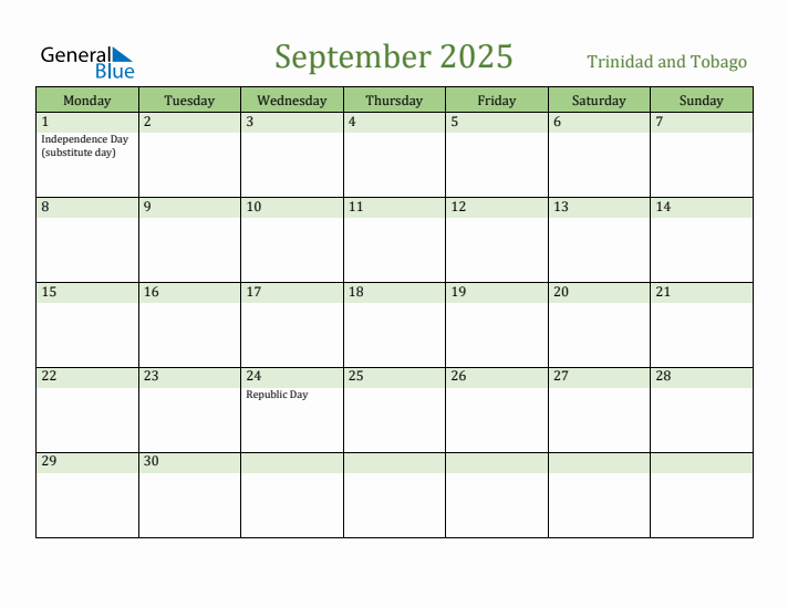 September 2025 Calendar with Trinidad and Tobago Holidays