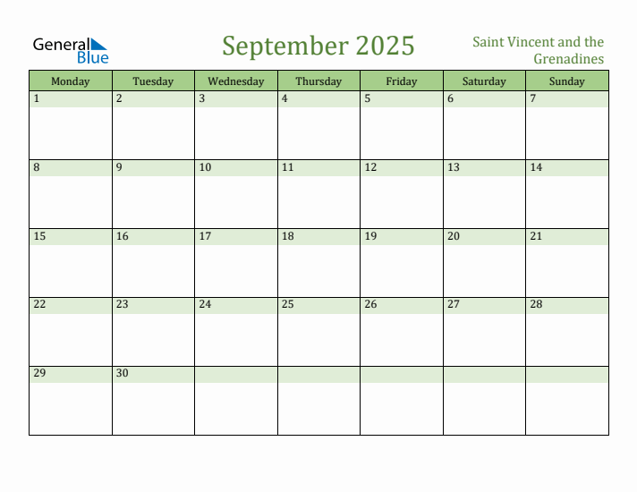 September 2025 Calendar with Saint Vincent and the Grenadines Holidays