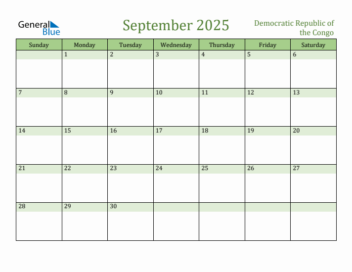 September 2025 Calendar with Democratic Republic of the Congo Holidays