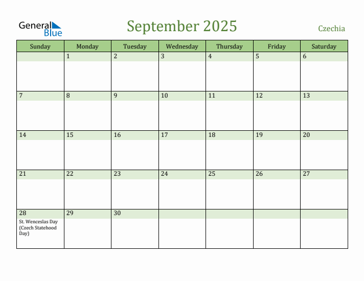 September 2025 Calendar with Czechia Holidays