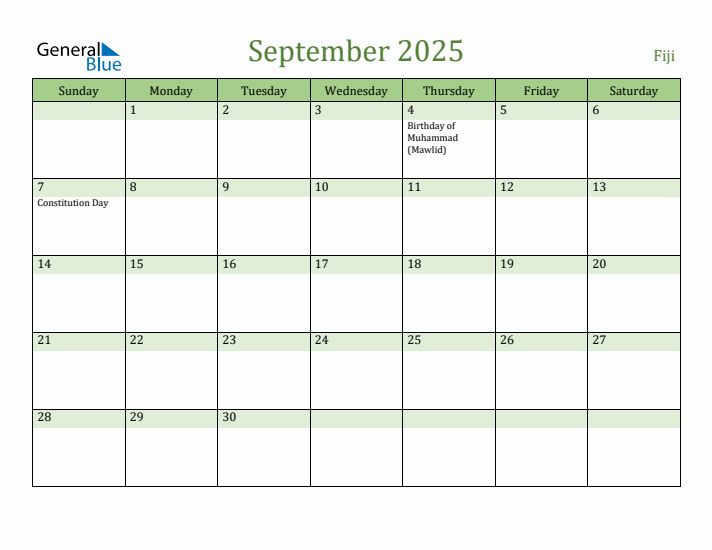 September 2025 Calendar with Fiji Holidays