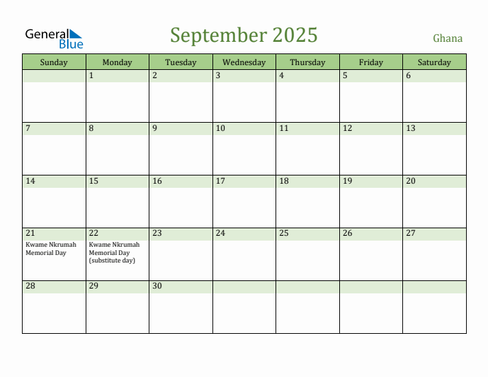 September 2025 Calendar with Ghana Holidays