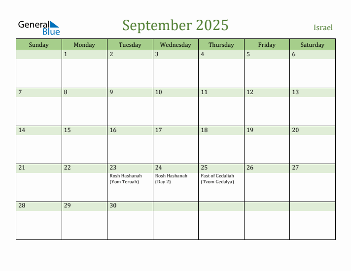 September 2025 Calendar with Israel Holidays