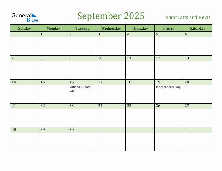 September 2025 Calendar with Saint Kitts and Nevis Holidays