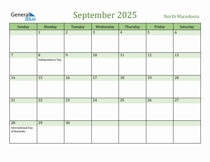 September 2025 Calendar with North Macedonia Holidays