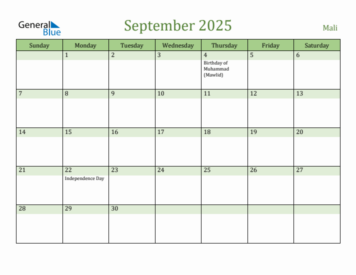September 2025 Calendar with Mali Holidays